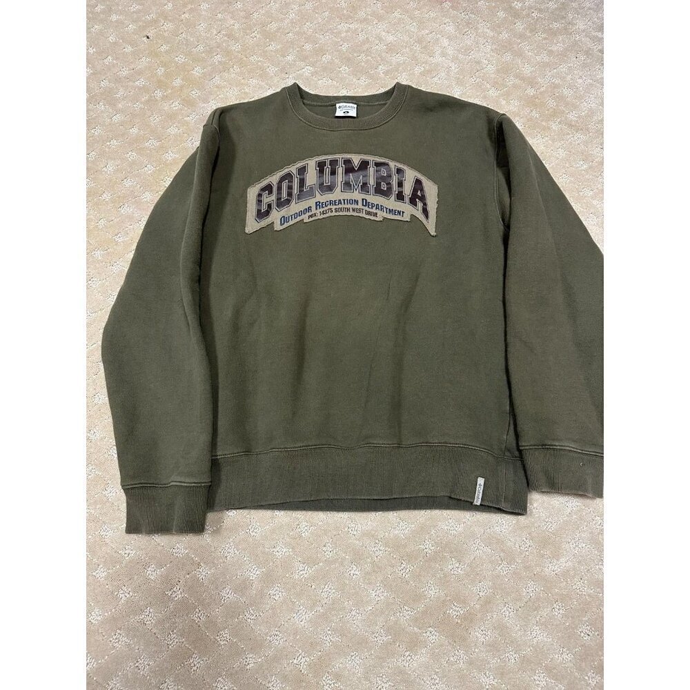 Columbia Men's M Sweatshirt Olive Green Outdoor Recreation Dept Patch Logo Crew